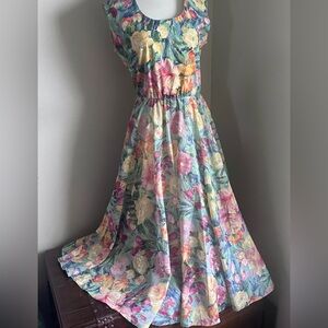 Vintage Caron Chicago Floral Dress Sz 10 Made USA Painterly Full Circle Skirt